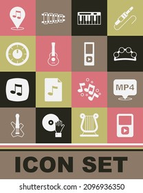 Set Music player, MP4 file document, Tambourine, synthesizer, Guitar, Sound mixer controller, Location musical note and  icon. Vector