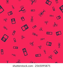 Set Music player, Musical tuning fork,  and Stereo speaker on seamless pattern. Vector