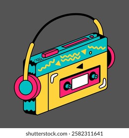 Set of music player neon style. Vintage music cassette with magnetic tape, vector illustration design.