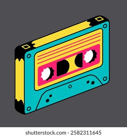 Set of music player neon style. Vintage music cassette with magnetic tape, vector illustration design.