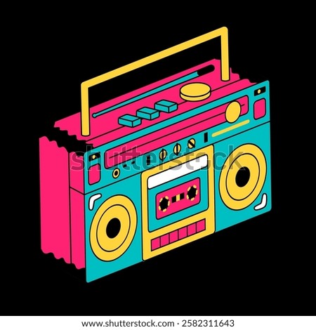 Set of music player neon style. Vintage music cassette with magnetic tape, vector illustration design.