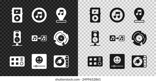 Set Music player, note, tone, Drum machine, Vinyl with vinyl disk, Stereo speaker and  icon. Vector