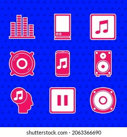 Set Music player, Pause button, Stereo speaker, Musical note in human head, note, tone and equalizer icon. Vector