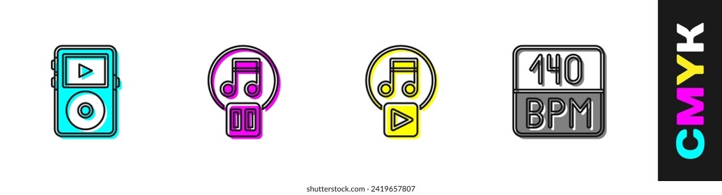 Set Music player, Pause button, Play in square and Bitrate icon. Vector