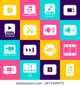 Set Music player, Play video, Speaker mute, MP3 file, or editing, MOV, Record button and volume icon. Vector