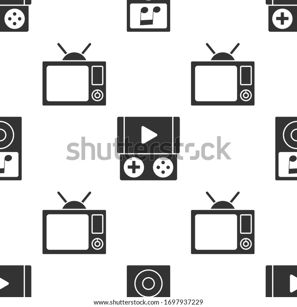 Set Music player, Portable video\
game console and Television on seamless pattern.\
Vector