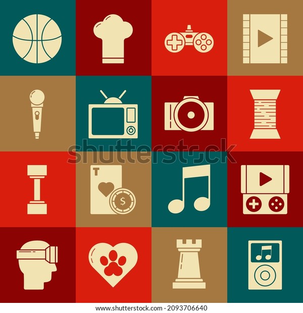 Set Music player, Portable video game\
console, Sewing thread spool, Gamepad, Television, Microphone,\
Basketball ball and Photo camera icon.\
Vector