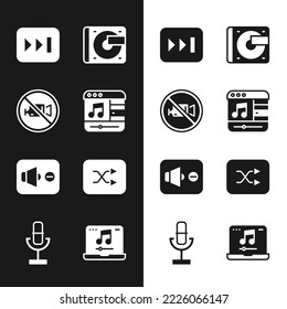 Set Music player, Prohibition no video recording, Fast forward, Vinyl with vinyl disk, Speaker mute, Arrow shuffle, Laptop music and Microphone icon. Vector