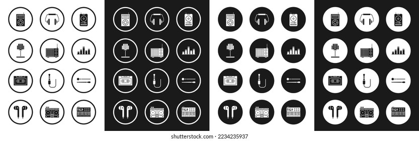 Set Music player, Radio with antenna, stand, MP3, equalizer, Headphones, Drum sticks and Retro audio cassette tape icon. Vector