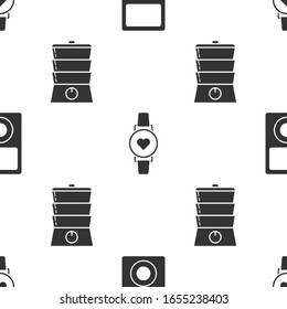 Juego de Música , reloj inteligente que muestra la velocidad del latido del corazón y doble caldera en un patrón sin fisuras. Vector
