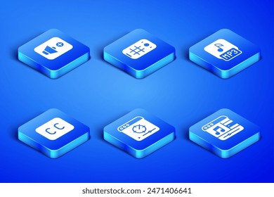 Set Music player, Speaker volume, Online video, Subtitles, Selfie on mobile and MP3 file icon. Vector