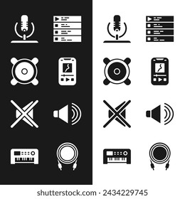 Stellen Sie Musik-Player, Stereo-Lautsprecher, Mikrofon, Wiedergabeliste, Lautsprecher stumm, Lautstärke, Audiobuchse und Synthesizer-Symbol ein. Vektor