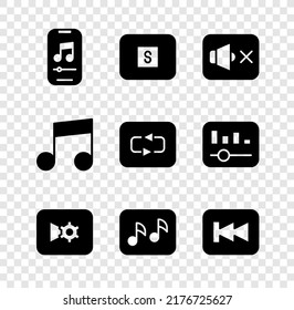 Stellen Sie Musik-Player, Stopp-Media-Schaltfläche, Lautsprecherstumm oder Videoeinstellungen, Notiz-, Ton-, Rückwind- und Wiederholungssymbol ein. Vektorgrafik