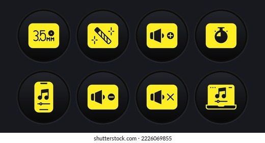 Set Music player, Stopp watch, Speaker mute, Volume, Foto Retouching, Laptop mit Musik und Audio-Jack Icon. Vektorgrafik