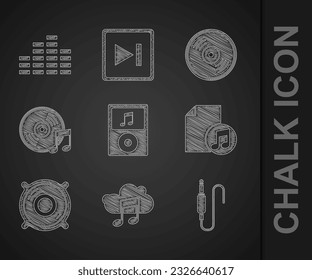 Set Music player, streaming service, Audio jack, book with note, Stereo speaker, Vinyl disk,  and equalizer icon. Vector