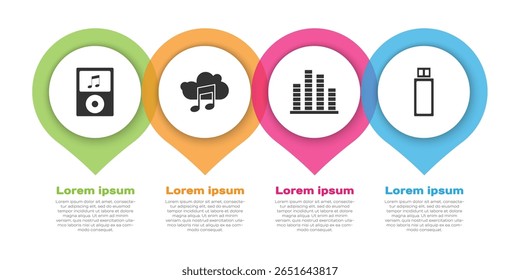 Defina player de música, serviço de streaming de música, equalizador de música e unidade flash USB. Modelo de infográfico comercial. Vetor