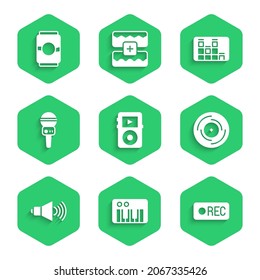 Set Music player, synthesizer, Record button, Vinyl disk, Speaker volume, Microphone, equalizer and Beer can icon. Vector