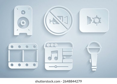 Defina as configurações do player de música ou vídeo, ícone Reproduzir, Microfone, Proibição sem gravação e alto-falante estéreo. Vetor