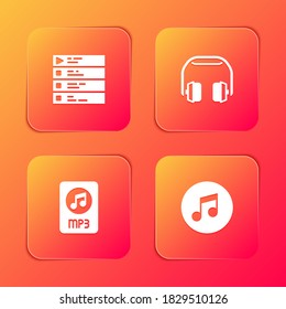 Set Music playlist, Headphones, MP3 file document and note, tone icon. Vector.