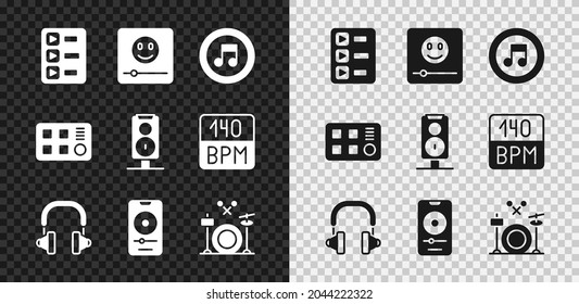 Set Music playlist, player, note, tone, Headphones, Drums, machine and Stereo speaker icon. Vector