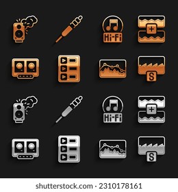 Set Music playlist, wave equalizer, DJ remote and mixing music, note, tone, Stereo speaker and Audio jack icon. Vector