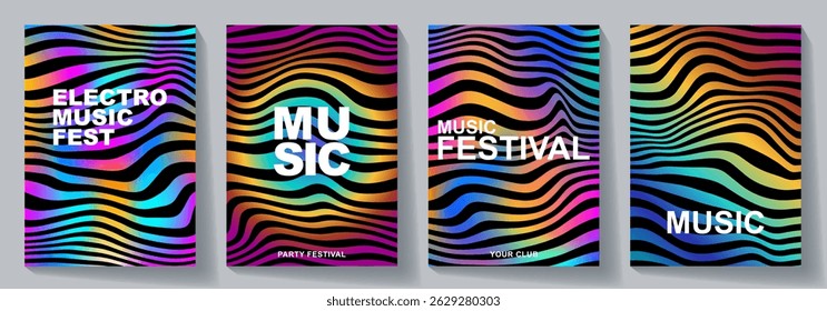 Set of music poster design background vector. Abstract cover template with gradient and black wave line. Electro Sound design for party, music festival, club, flyer, cards, social media, banner, ads.