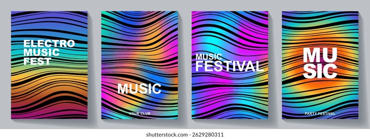 Set of music poster design background vector. Abstract cover template with gradient and black wave line. Electro Sound design for party, music festival, club, flyer, cards, social media, banner, ads.