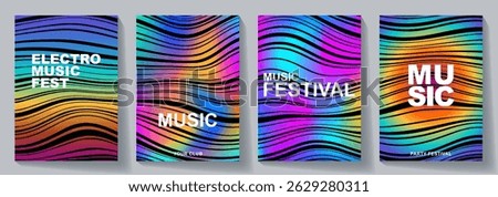 Set of music poster design background vector. Abstract cover template with gradient and black wave line. Electro Sound design for party, music festival, club, flyer, cards, social media, banner, ads.