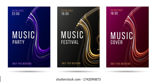 Set of Music posters with abstract lines forming shape of musical string instrument, advertising artistic layout template