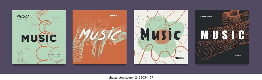 Set Music Posters with Abstract Vibrate Line. Abstract Background Patterns for Dance Party, Disco, Club Invitation, Festival Poster, Flyer. Sonic Waves in Vector Illustration.