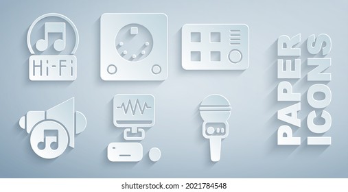 Ajuste estudio de grabación de música, máquina de tambor, volumen del altavoz, micrófono, y nota, icono de tono. Vector