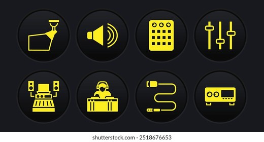 Set Music recording studio, equalizer, DJ playing music, Audio jack, Drum machine, Speaker volume, Guitar amplifier and Movie spotlight icon. Vector