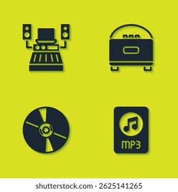 Set Music recording studio, MP3 file document, CD DVD disk and Stereo speaker icon. Vector