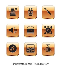 Set Music recording studio, note, tone, Home stereo with speakers, Stereo, Speaker volume, Audio jack, Disco ball and Microphone icon. Vector