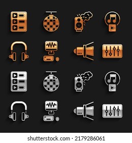 Set Music recording studio, Play square, Sound mixer controller, Movie spotlight, Headphones, Stereo speaker, playlist and Disco ball icon. Vector