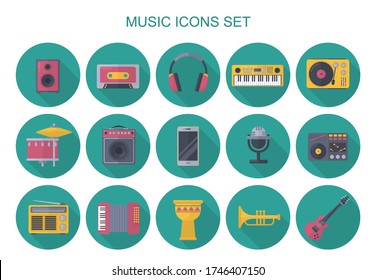 Set of music related circle icon with long shadow. Vector.