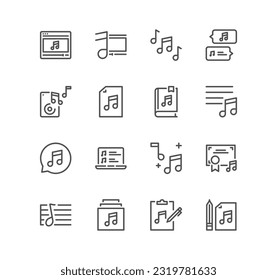 Set of music related icons, loudspeaker, karaoke, soundtrack, party, song lyrics and linear variety vectors.