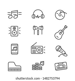 Conjunto de ilustraciones vectoriales relacionadas con la música con diseño de línea como nota, auriculares, altavoz y más adecuado para icono o logotipo