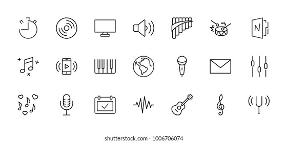 Set of Music Related Vector Line Icons. Contains such Icons as Pan Flute, Piano, Guitar, Treble Clef, In-ear and more. Editable Stroke. 32x32 Pixel Perfect