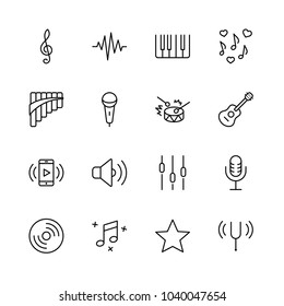 Set of Music Related Vector Line Icons. Contains such Icons as Pan Flute, Piano, Guitar, Treble Clef, In-ear and more. Editable Stroke. 32x32 Pixel Perfect