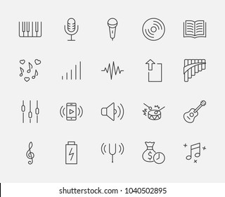 Set of Music Related Vector Line Icons. Contains such Icons as Pan Flute, Piano, Guitar, Treble Clef, In-ear and more. Editable Stroke. 32x32 Pixel Perfect