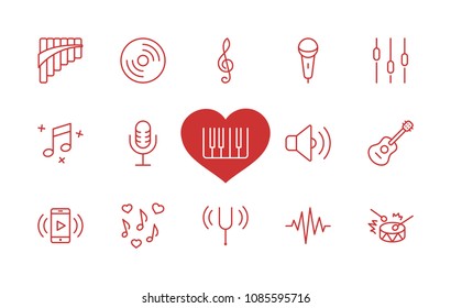 Set of Music Related Vector Line Icons. Contains such Icons as Pan Flute, Piano, Guitar, Treble Clef, In-ear and more. Editable Stroke. 32x32 Pixel Perfect