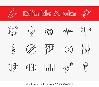 Set of Music Related Vector Line Icons. Contains such Icons as Pan Flute, Piano, Guitar, Treble Clef, In-ear and more. Editable Stroke. 32x32 Pixel Perfect