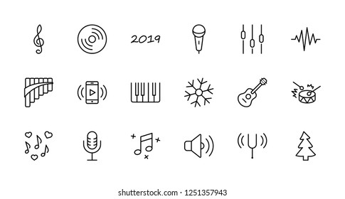 Set of Music Related Vector Line Icons. Contains such Icons as Pan Flute, Piano, Guitar, Treble Clef, In-ear and more. Editable Stroke. 32x32 Pixel Perfect