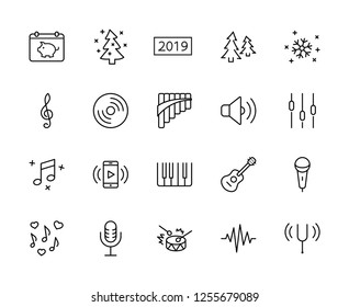 Set of Music Related Vector Line Icons. Contains such Icons as Pan Flute, Piano, Guitar, Treble Clef, In-ear and more. Editable Stroke. 32x32 Pixel Perfect