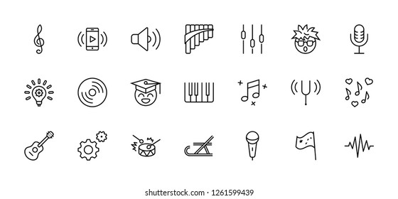 Set of Music Related Vector Line Icons. Contains such Icons as Pan Flute, Piano, Guitar, Treble Clef, In-ear and more. Editable Stroke. 32x32 Pixel Perfect
