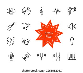 Set of Music Related Vector Line Icons. Contains such Icons as Pan Flute, Piano, Guitar, Treble Clef, In-ear and more. Editable Stroke. 32x32 Pixel Perfect