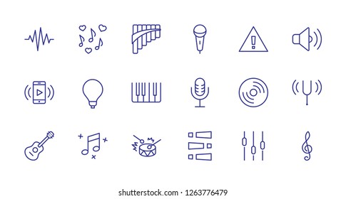 Set of Music Related Vector Line Icons. Contains such Icons as Pan Flute, Piano, Guitar, Treble Clef, In-ear and more. Editable Stroke. 32x32 Pixel Perfect