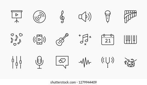 Set of Music Related Vector Line Icons. Contains such Icons as Pan Flute, Piano, Guitar, Treble Clef, In-ear and more. Editable Stroke. 32x32 Pixel Perfect