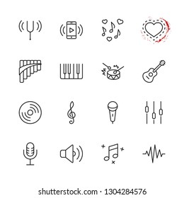 Set of Music Related Vector Line Icons. Contains such Icons as Pan Flute, Piano, Guitar, Treble Clef, In-ear and more. Editable Stroke. 32x32 Pixel Perfect